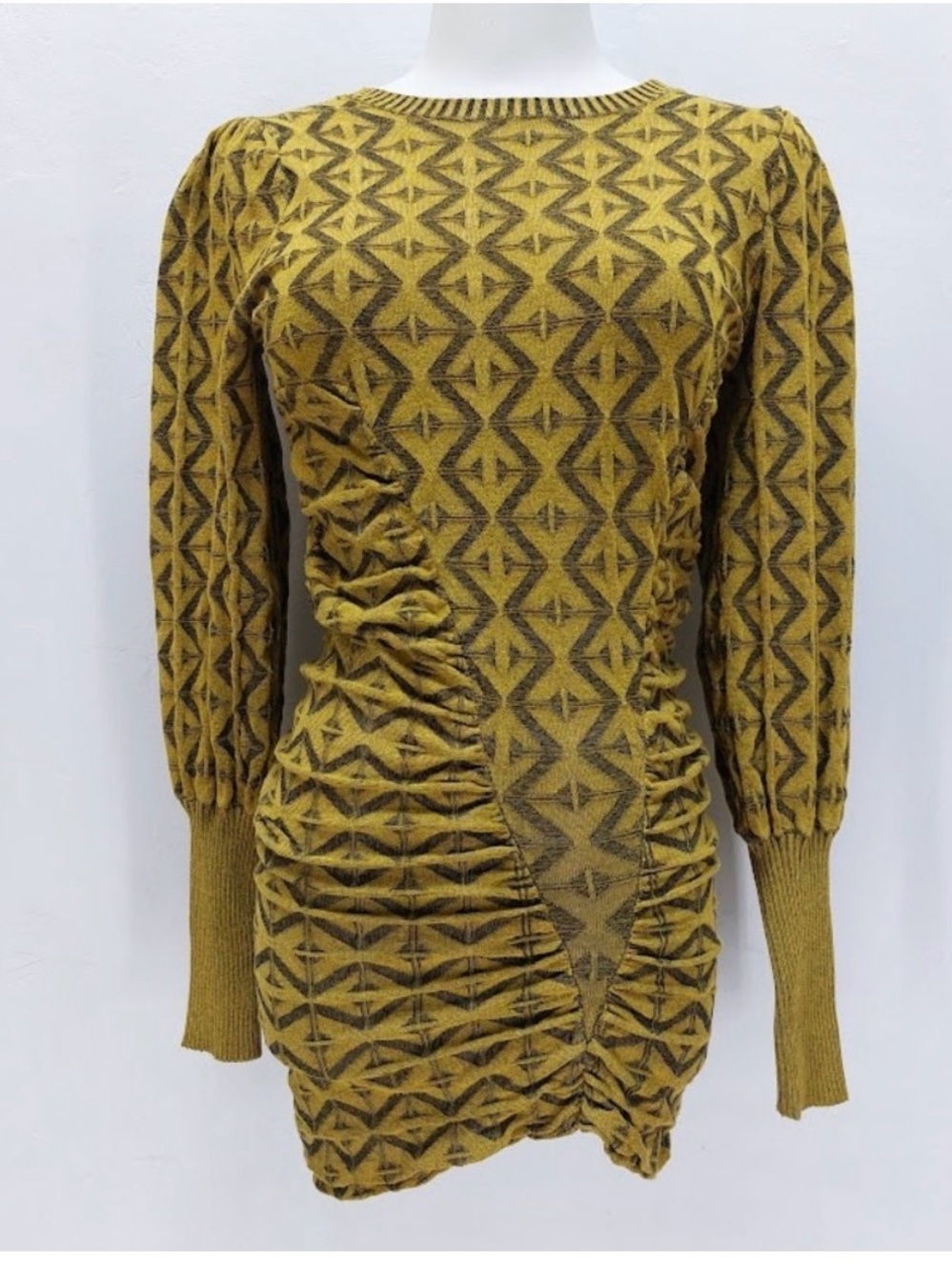 Zara Mustard Geometric Ruched Long Sleeve Dress Size S NWT
